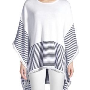 Vineyard Vines Striped Merino Wool Fringe Poncho Cape Size M/L Navy